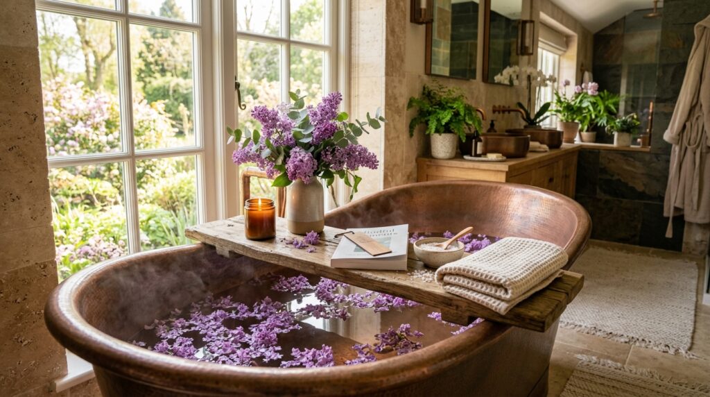 Clawfoot bathtub with floating purple flower petals and lit candle