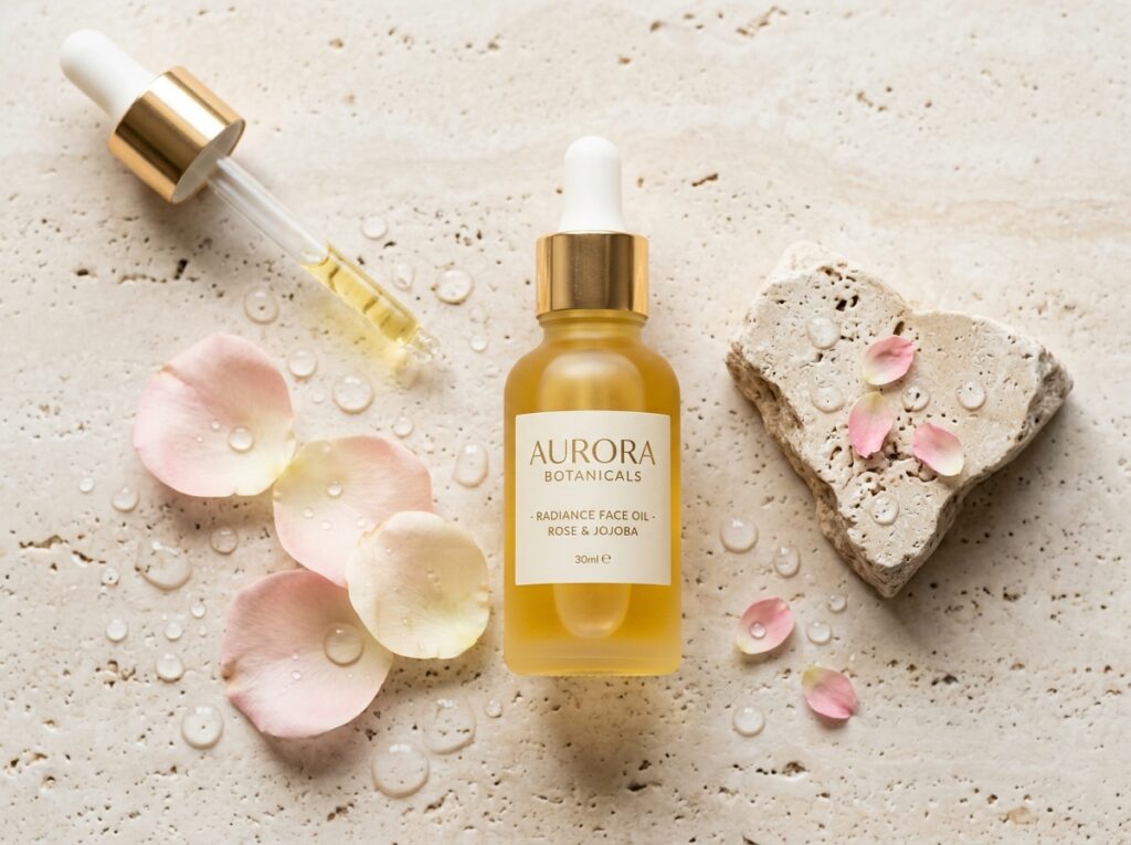 Amber dropper bottle with botanical facial oil on linen background