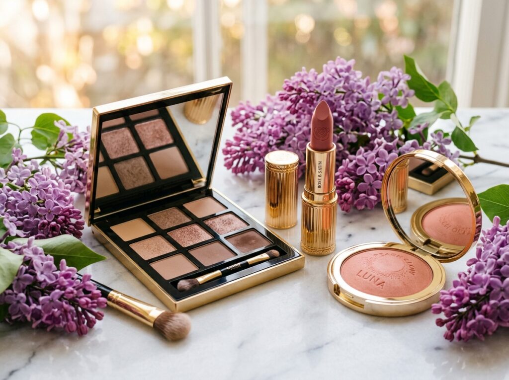 Eyeshadow palette, rose lipstick and blush compact on marble