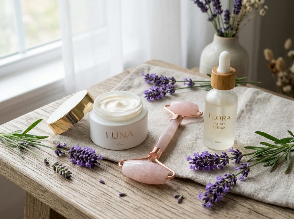Rose quartz facial roller, moisturizer cream jar and lavender