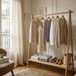 Curated capsule wardrobe on minimalist light oak rack with folded linen and knitwear in soft morning light
