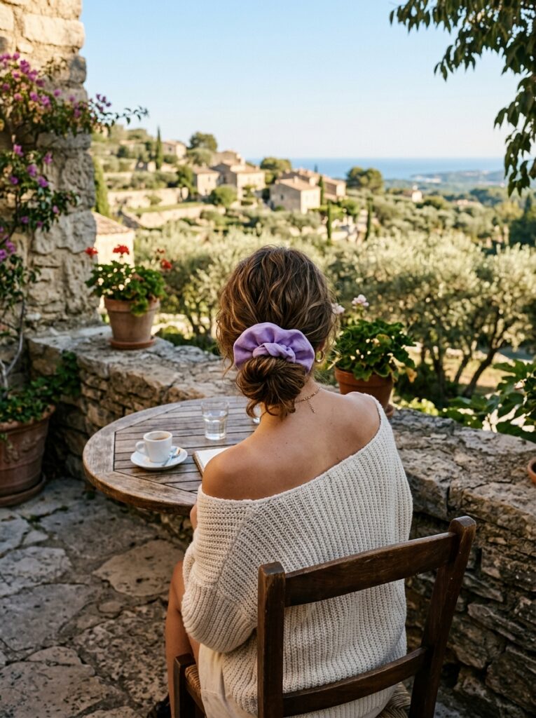 Woman with lavender scrunchie in hair bun and off-shoulder cream sweater at cafe