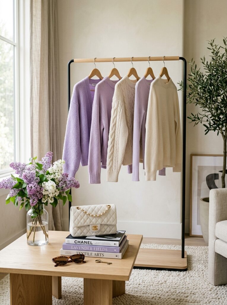 Minimalist wardrobe rack with lilac knits, white handbag and lilacs