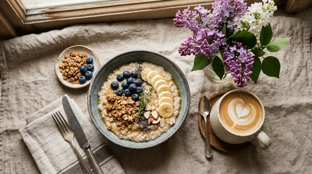 Aesthetic breakfast bowl with fresh blueberries, bananas and seeds