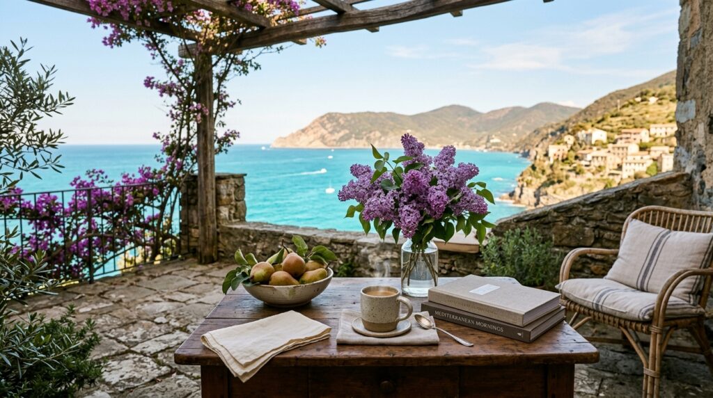 Mediterranean stone terrace overlooking sea with lilacs, pears and books