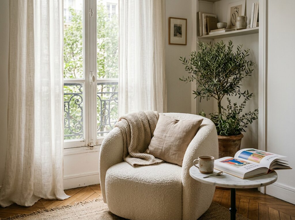 Sunlit reading nook with armchair, soft linen throw, and steaming mug