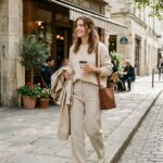 Stylish woman in chic layered transitional knitwear, linen trousers, and light trench coat
