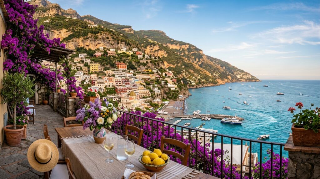 Italian coastal village terrace overlooking Mediterranean with bougainvillea