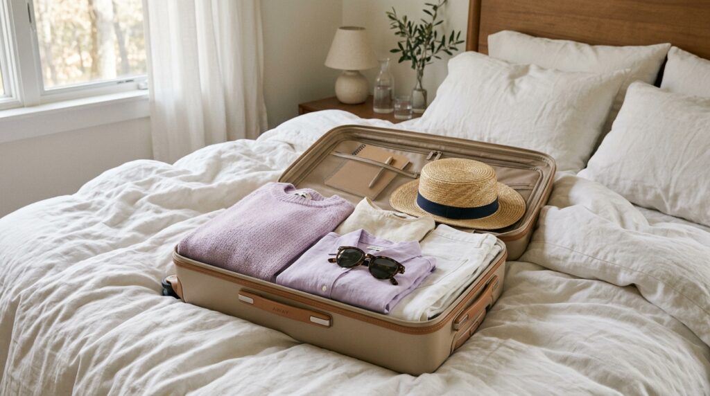 Open vintage suitcase with folded lilac knits and straw hat on white bed