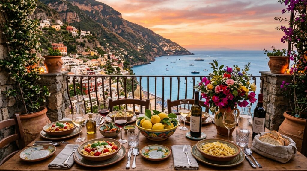 Outdoor sunset dining table with fresh pasta and lemons over coastal sea
